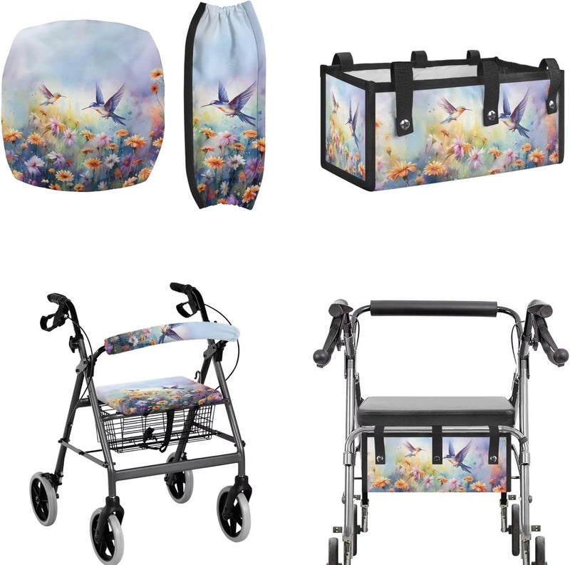 LedBack Universal Walker Accessories Hummingbird Daisy Walker Seat Covers Rollator Walker Seat and Backrest Covers Underseat Pouch Tote for Rolling Walkers - Image 1